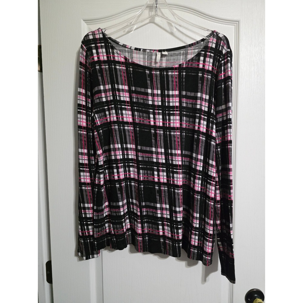 Cato Long Sleeve Tee Women XL Black Pink Plaid Scoop Neck Stretch Knit Top Soft!